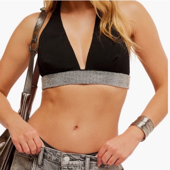Free People Of the Moment Rhinestone Embellished Halter Top in Black RT $48 NWT - Picture 1 of 4